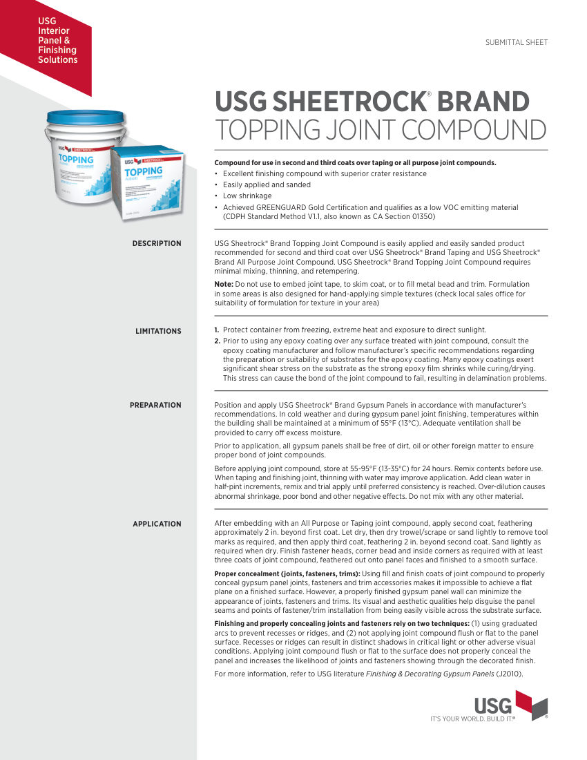 USG USG Sheetrock® Brand Topping Joint Compound Submittal Sheet cut sheet — first page