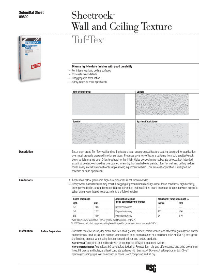 USG USG Sheetrock® Brand Tuf-Tex® Wall & Ceiling Texture Submitt cut sheet — first page
