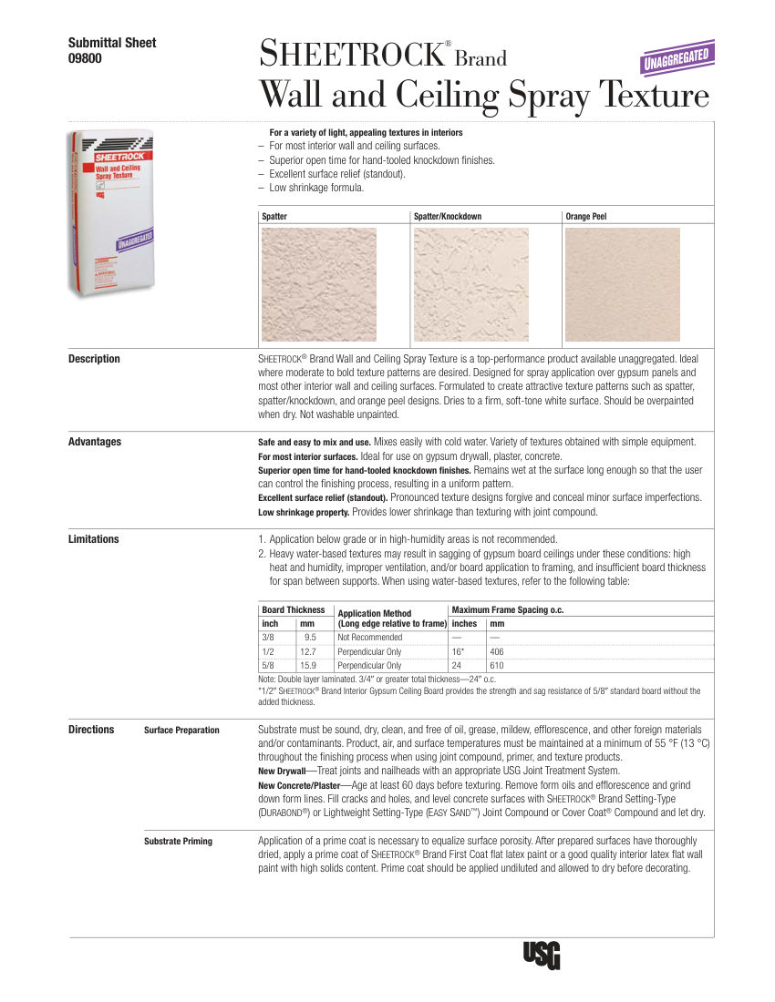 USG USG Sheetrock® Brand Wall and Ceiling Spray Texture, Unaggre cut sheet — first page