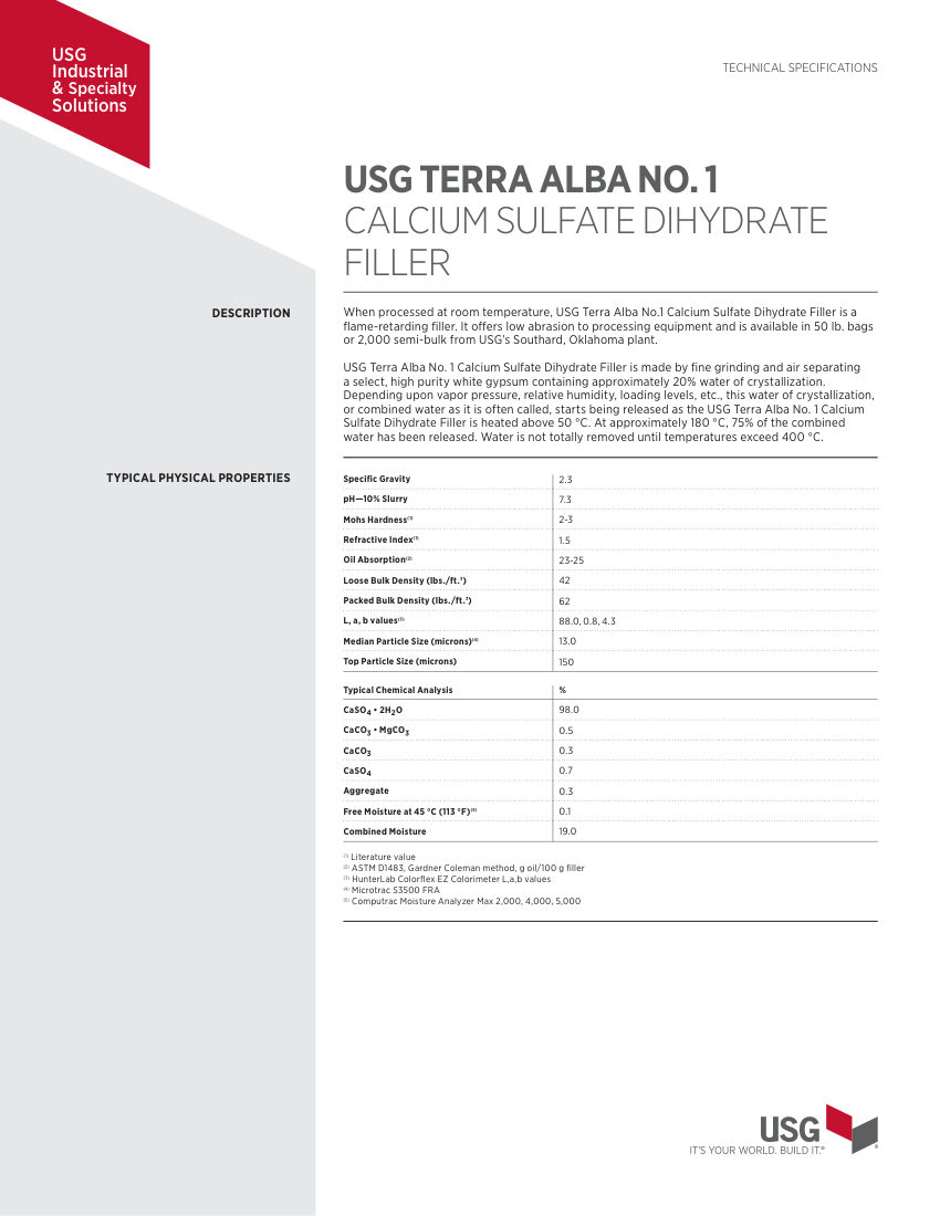 USG USG Terra Alba No. 1 Calcium Sulfate Filler cut sheet — first page