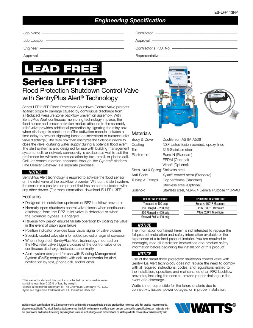 Watts 10-lfm113fp-150 cut sheet — first page