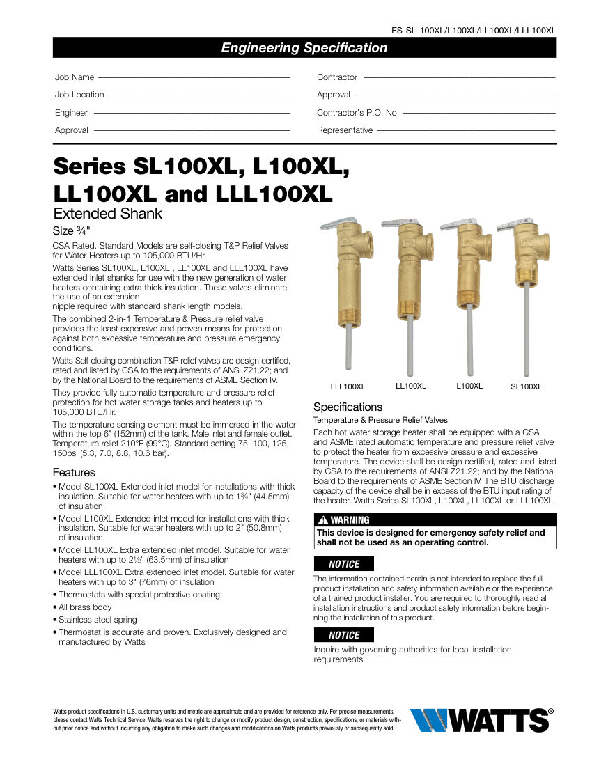 Watts 100XL cut sheet — first page