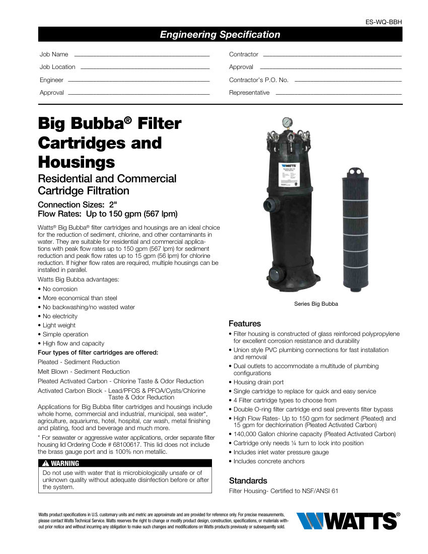 Watts BBH-150 cut sheet — first page