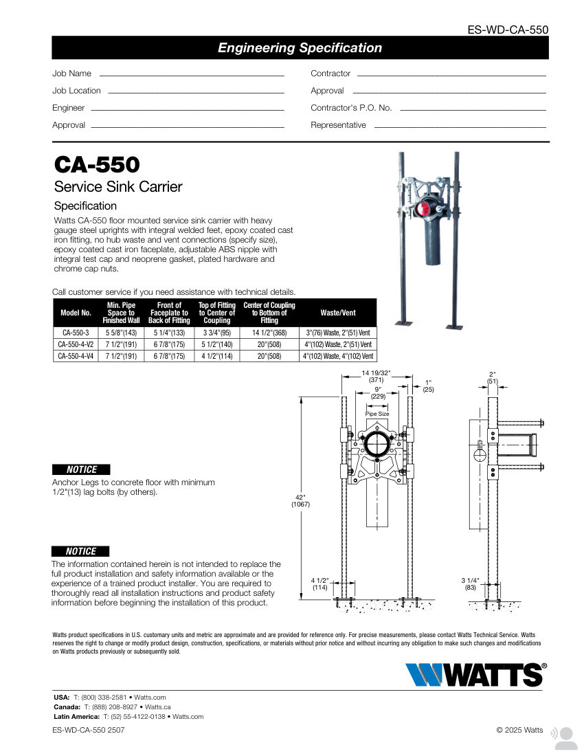 Watts CA-550 cut sheet — first page