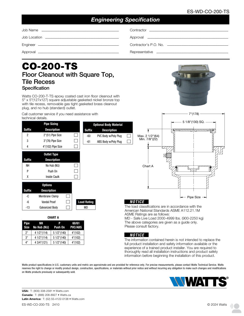 Watts CO-200-TS cut sheet — first page