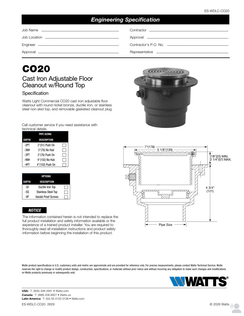 Watts CO20 cut sheet — first page
