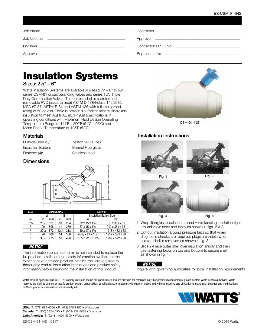 Watts CSM-91-INS cut sheet — first page