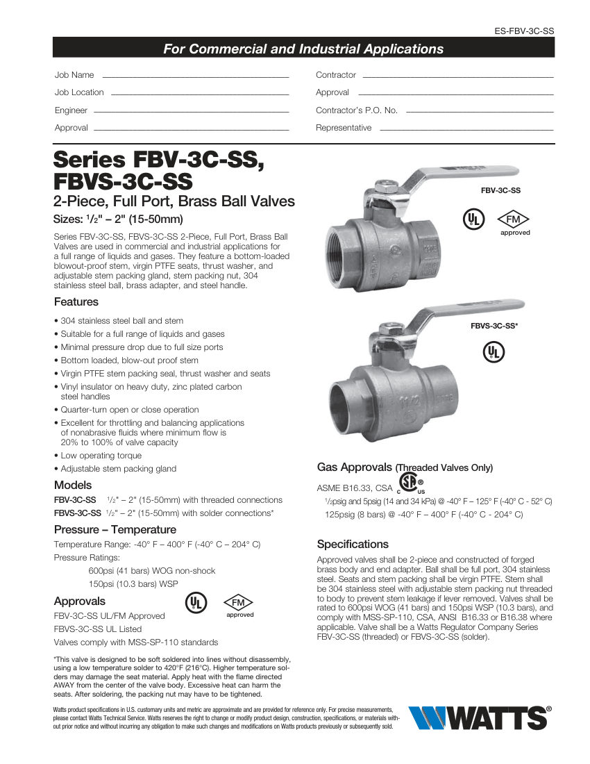 Watts FBV-3C-SS cut sheet — first page
