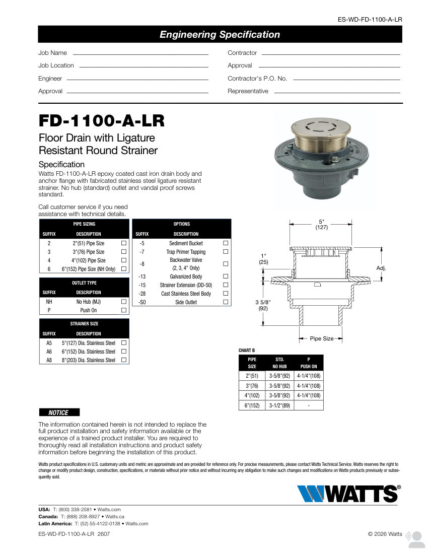 Watts FD-1100-A-LR cut sheet — first page