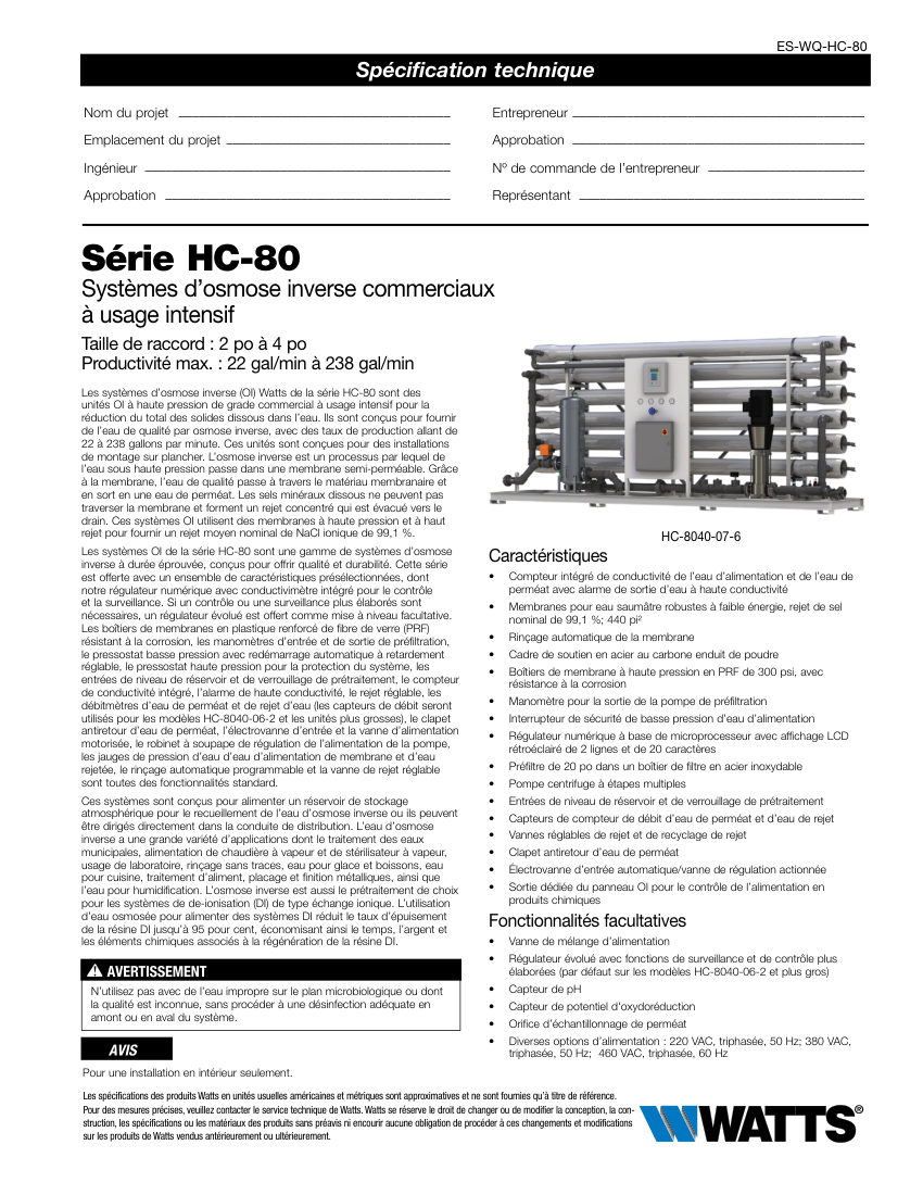Watts HC-8040 cut sheet — first page