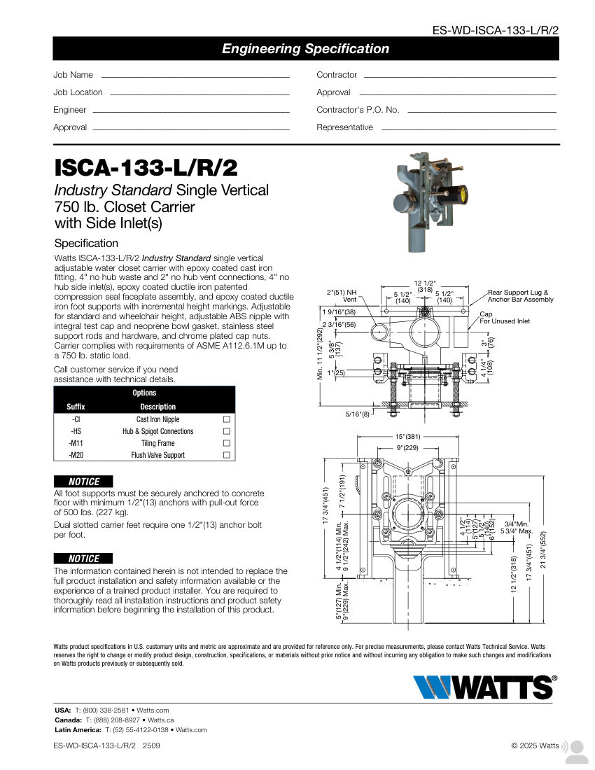 Watts ISCA-133-L/R/2 cut sheet — first page