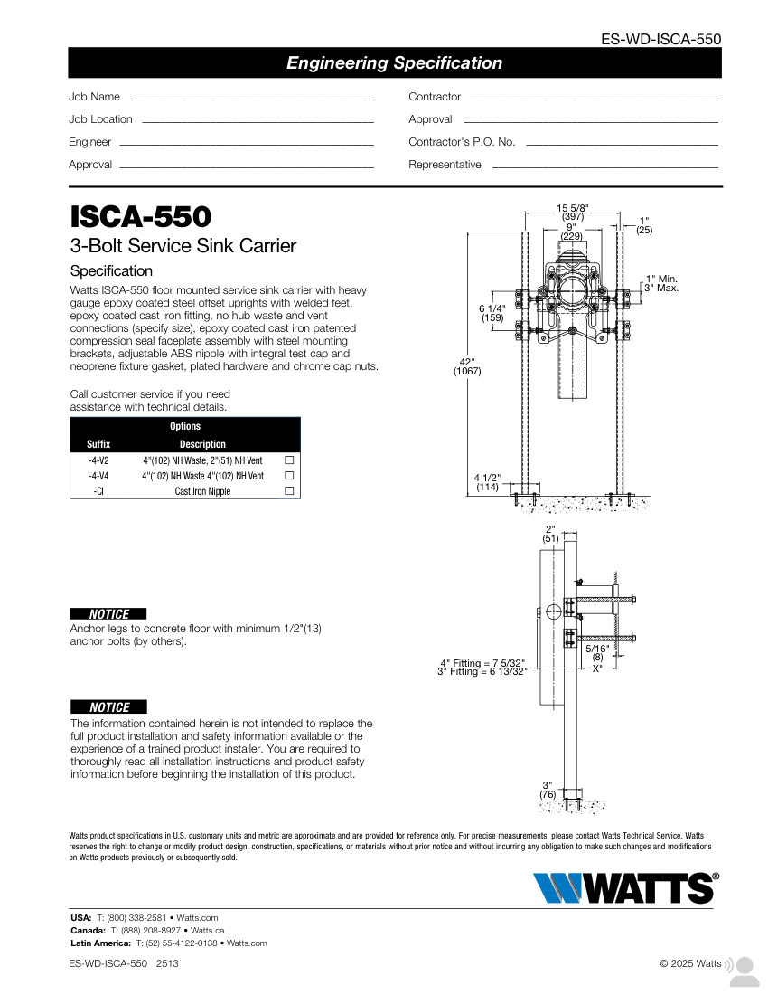 Watts ISCA-550 cut sheet — first page