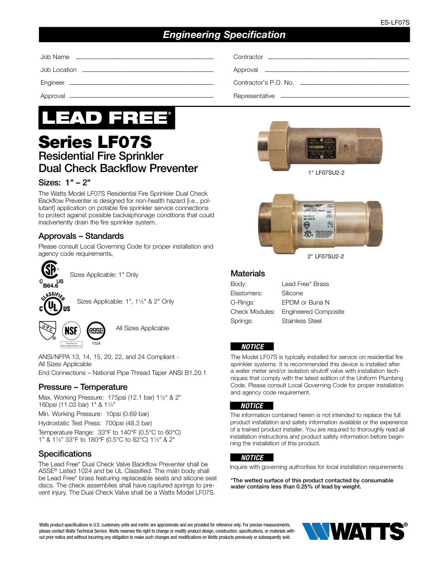 Watts LF07S cut sheet — first page