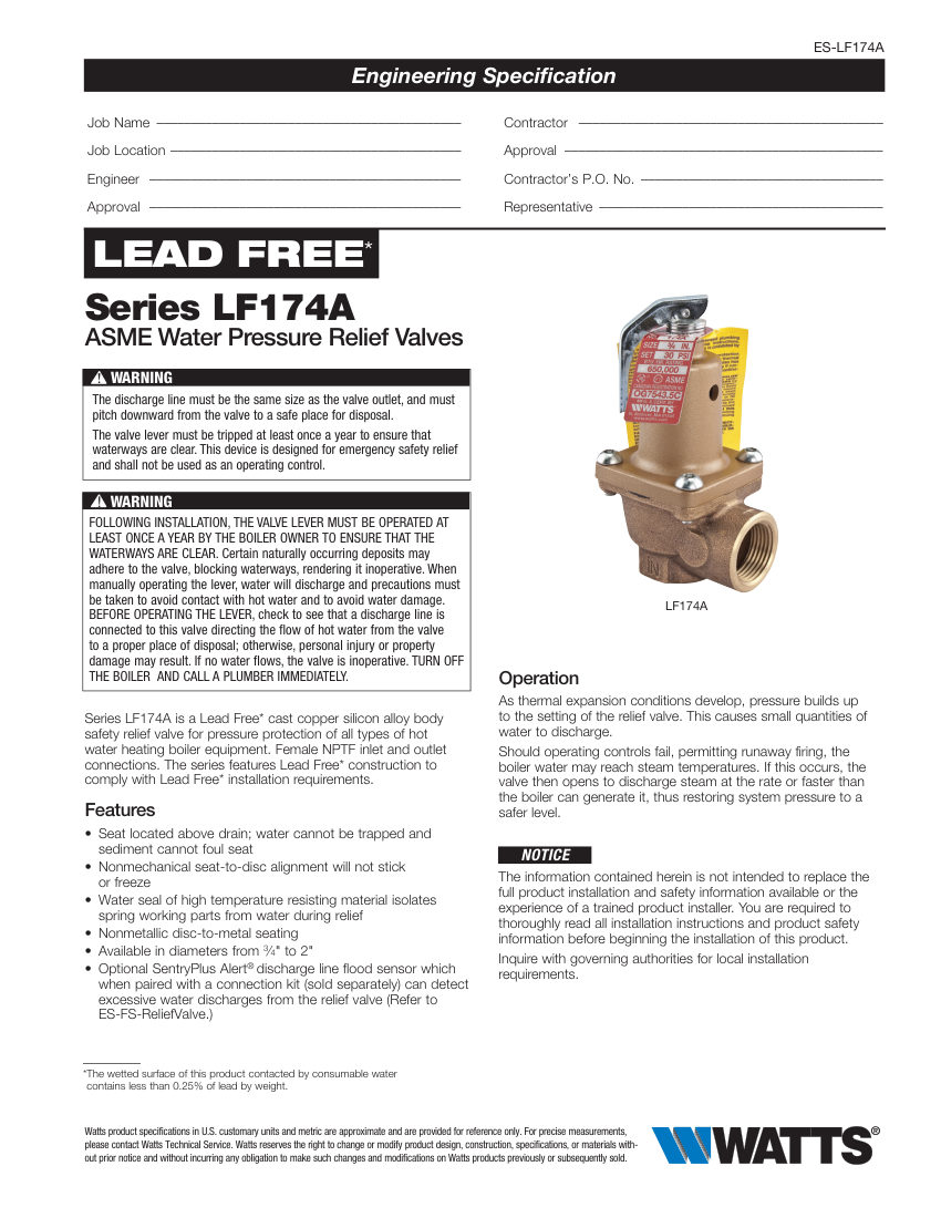 Watts LF174A cut sheet — first page