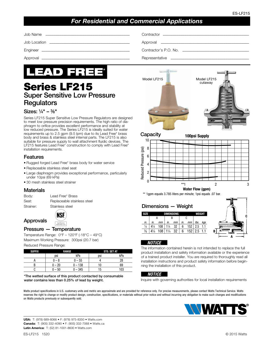 Watts LF215 cut sheet — first page