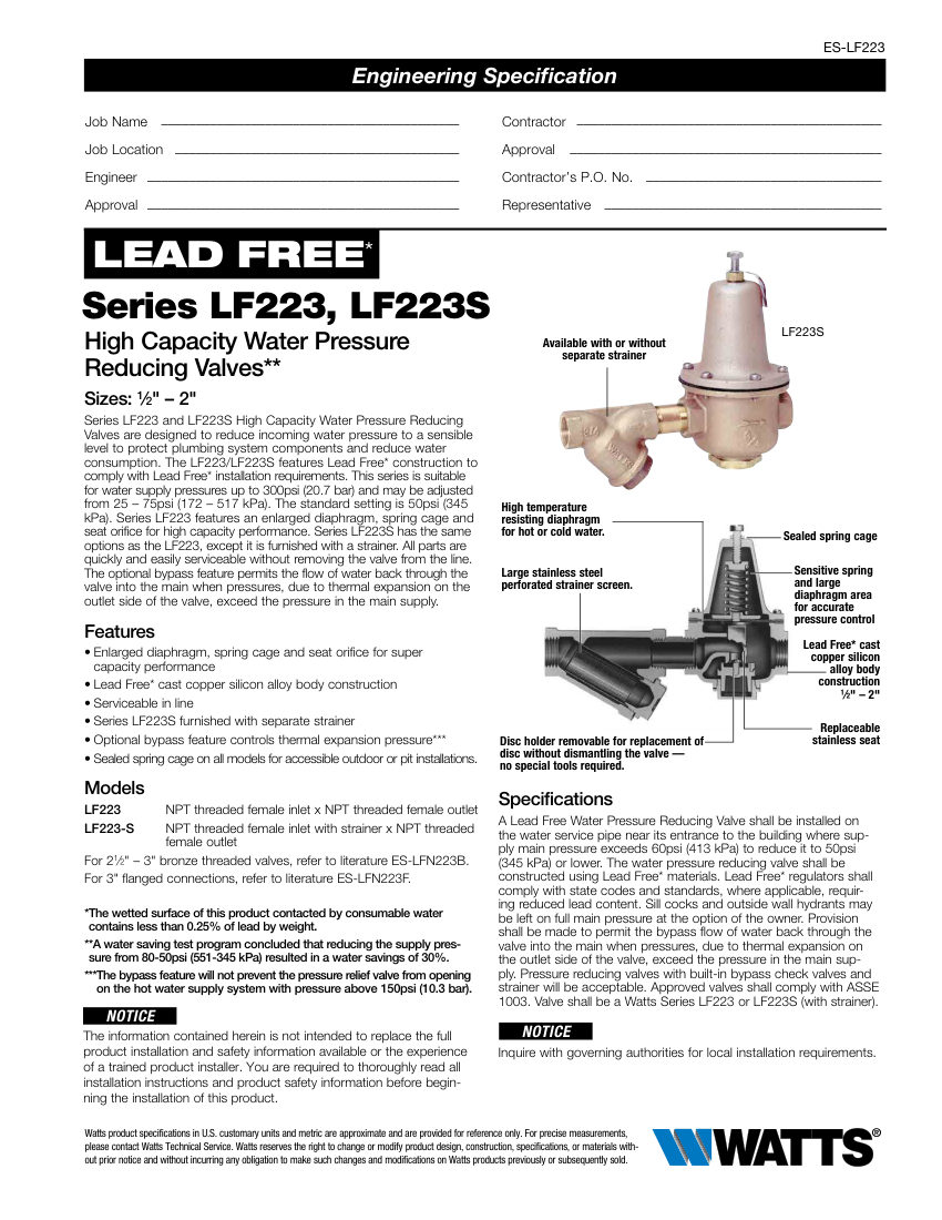 Watts LF223 cut sheet — first page
