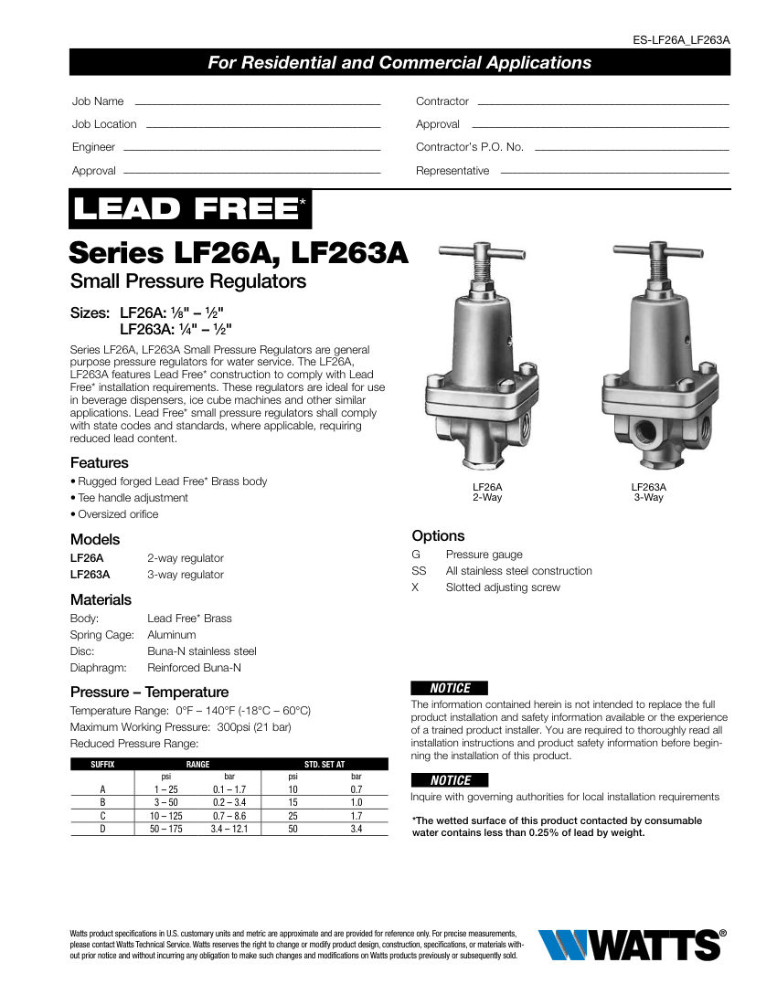Watts LF26 cut sheet — first page