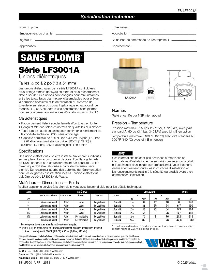 Watts LF3001A cut sheet — first page