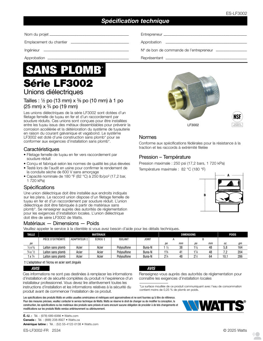 Watts LF3002 cut sheet — first page