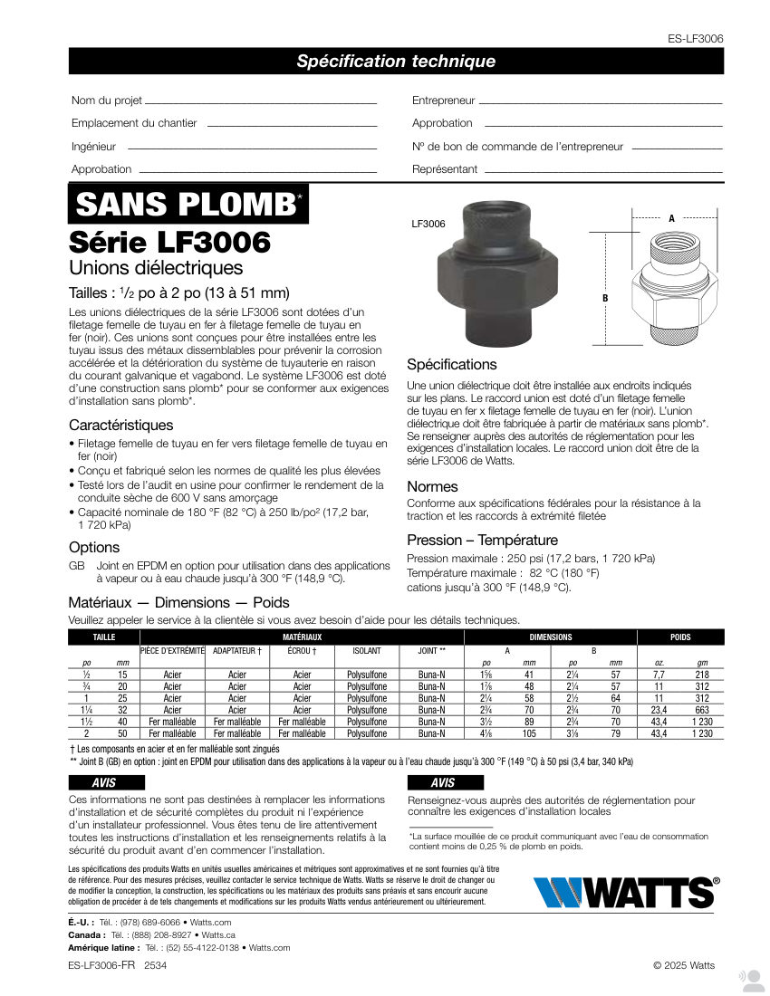 Watts LF3006 cut sheet — first page