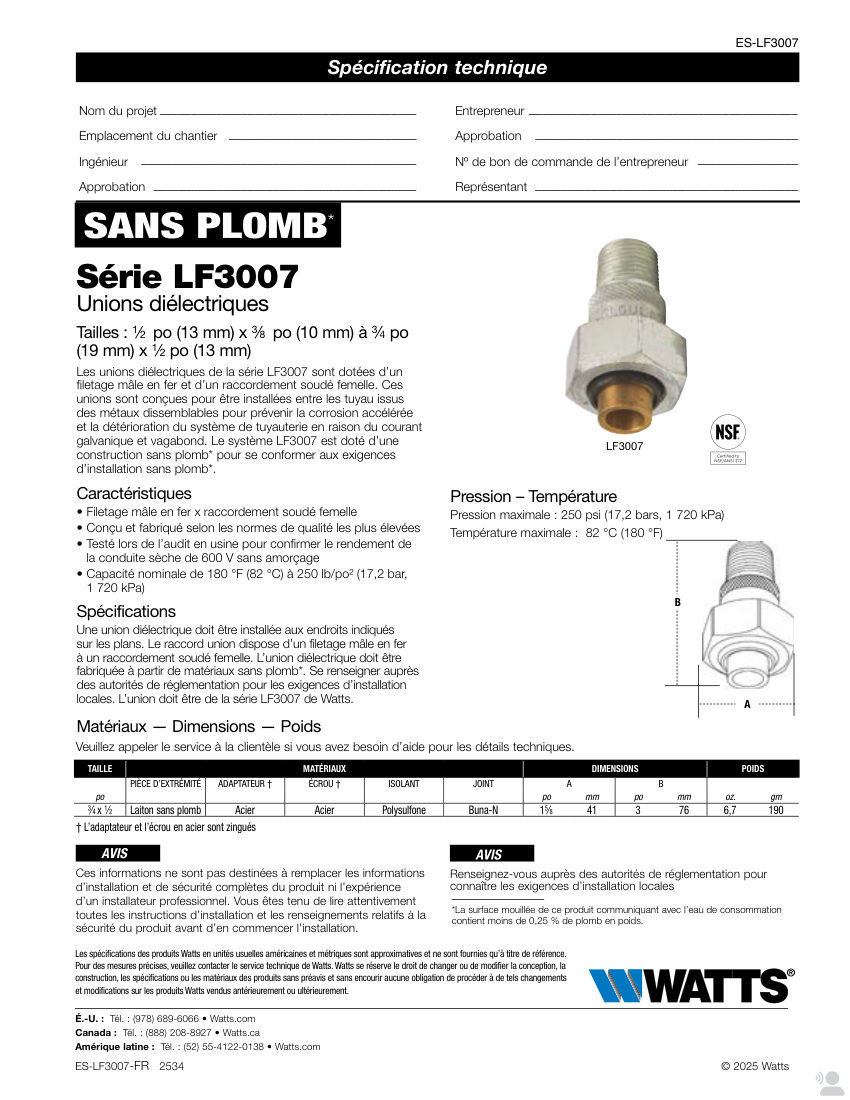 Watts LF3007 cut sheet — first page