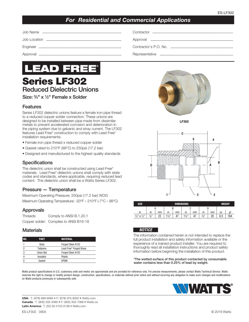 Watts LF302 cut sheet — first page