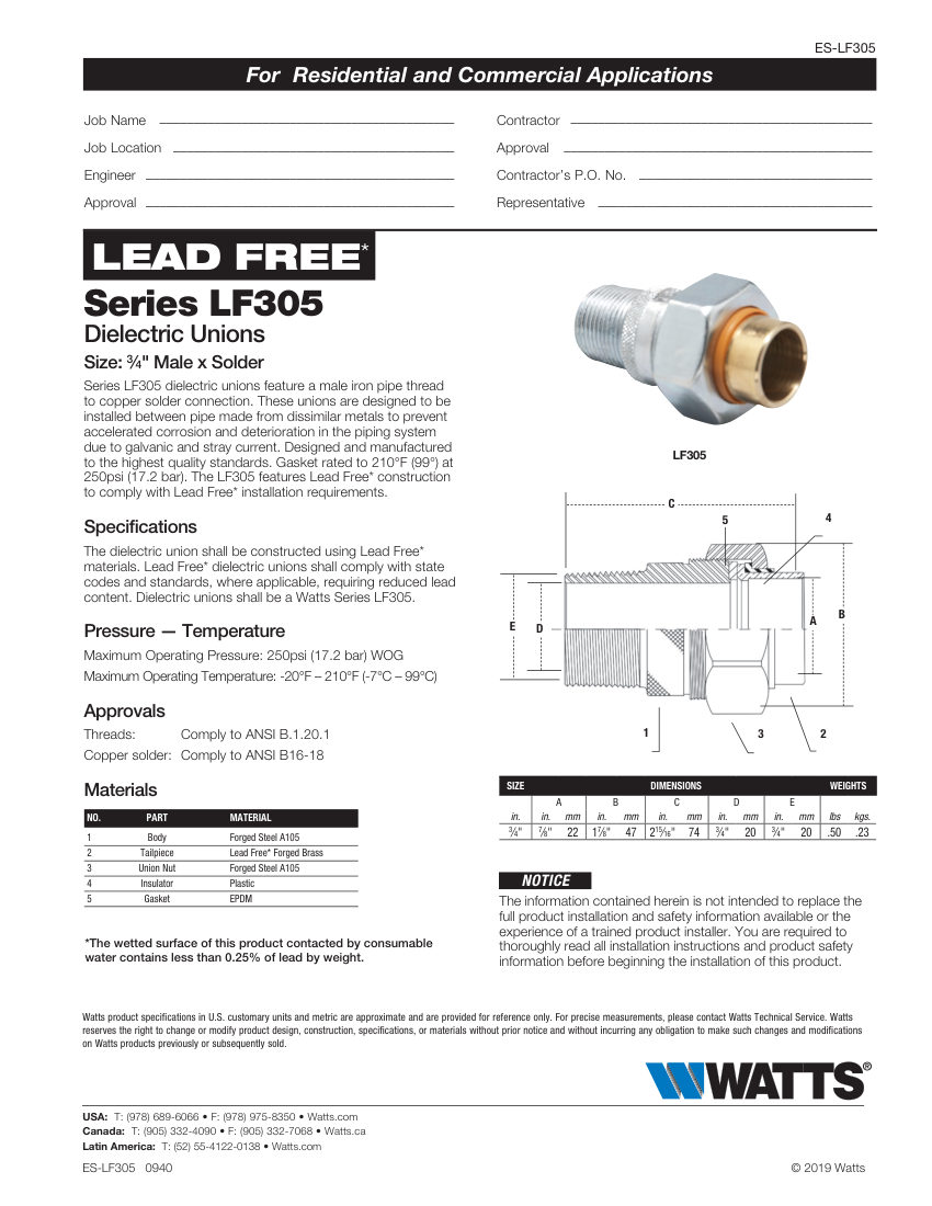 Watts LF305 cut sheet — first page