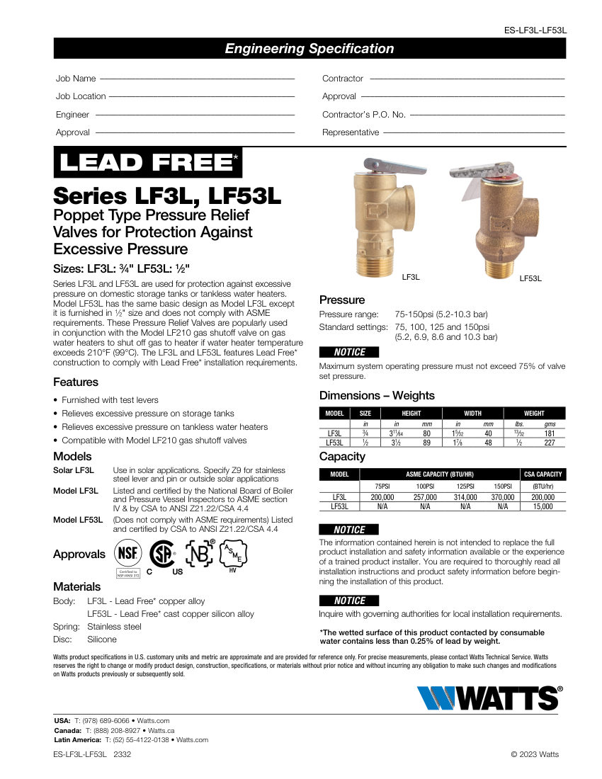 Watts LF3L cut sheet — first page