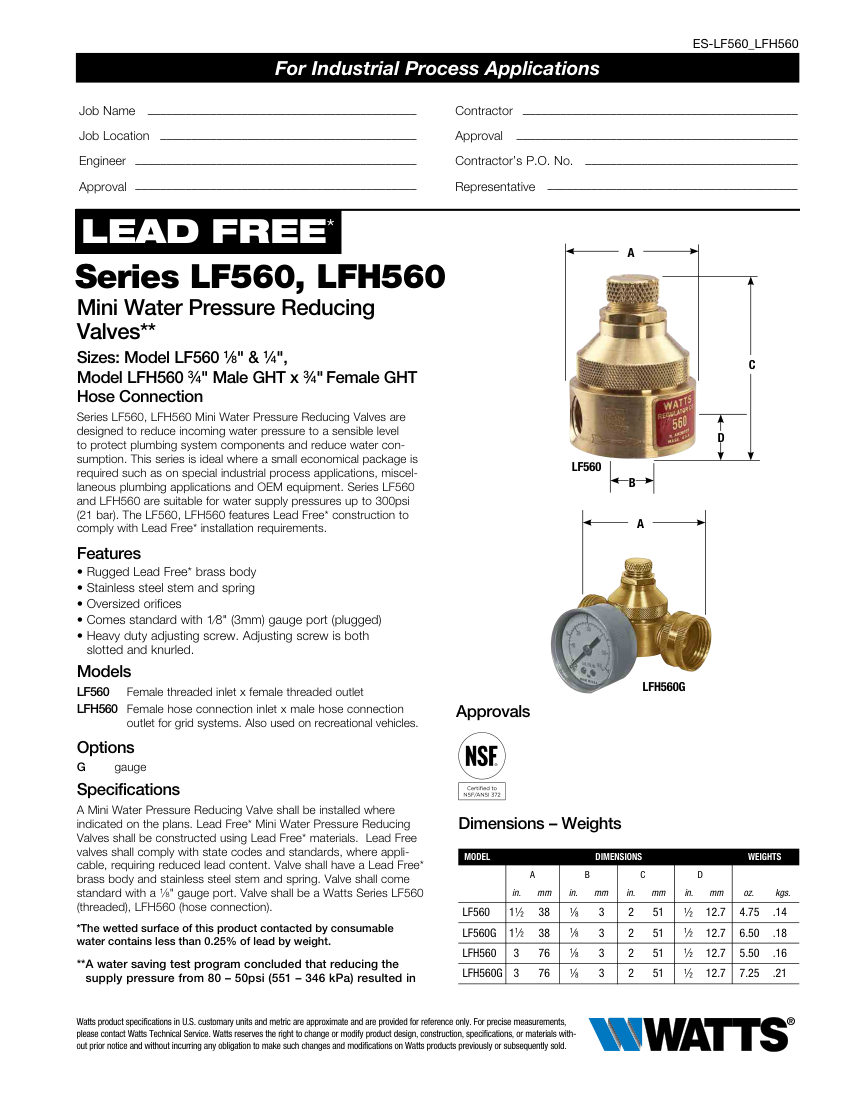 Watts LF560 cut sheet — first page