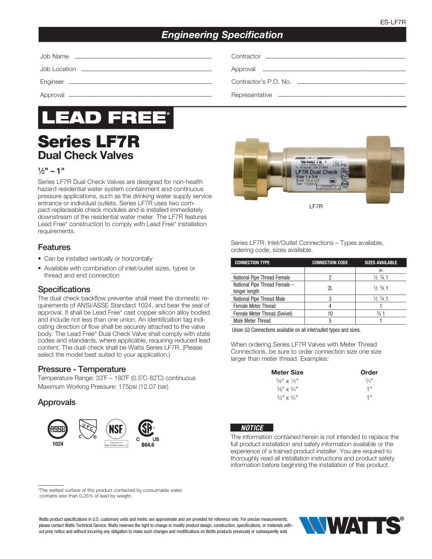 Watts LF7R cut sheet — first page