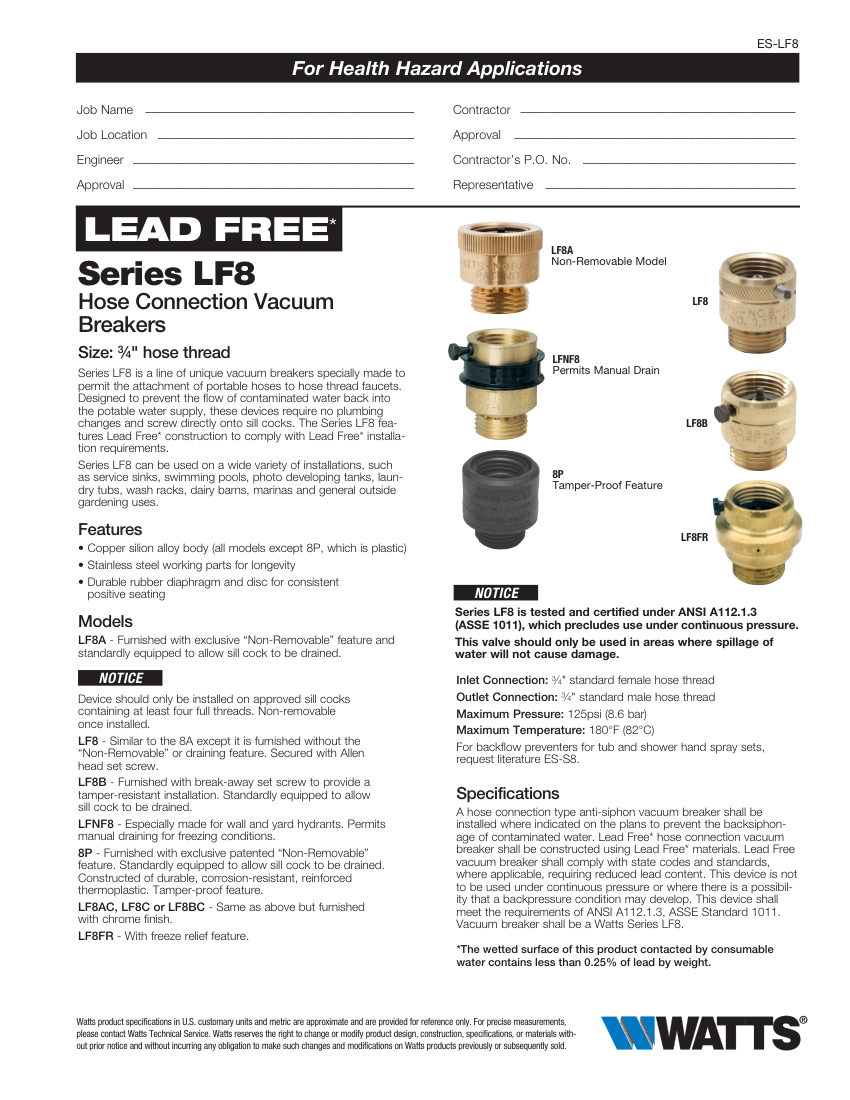 Watts LF8A cut sheet — first page