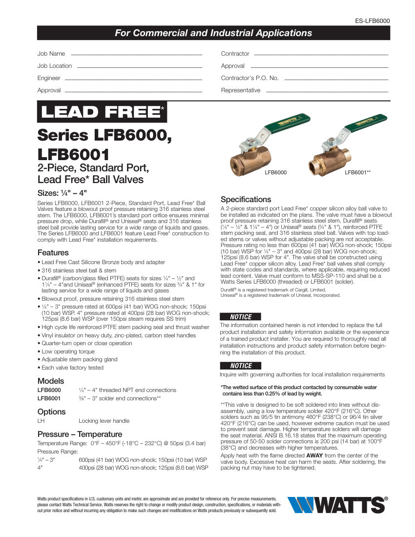 Watts LFB6000 cut sheet — first page