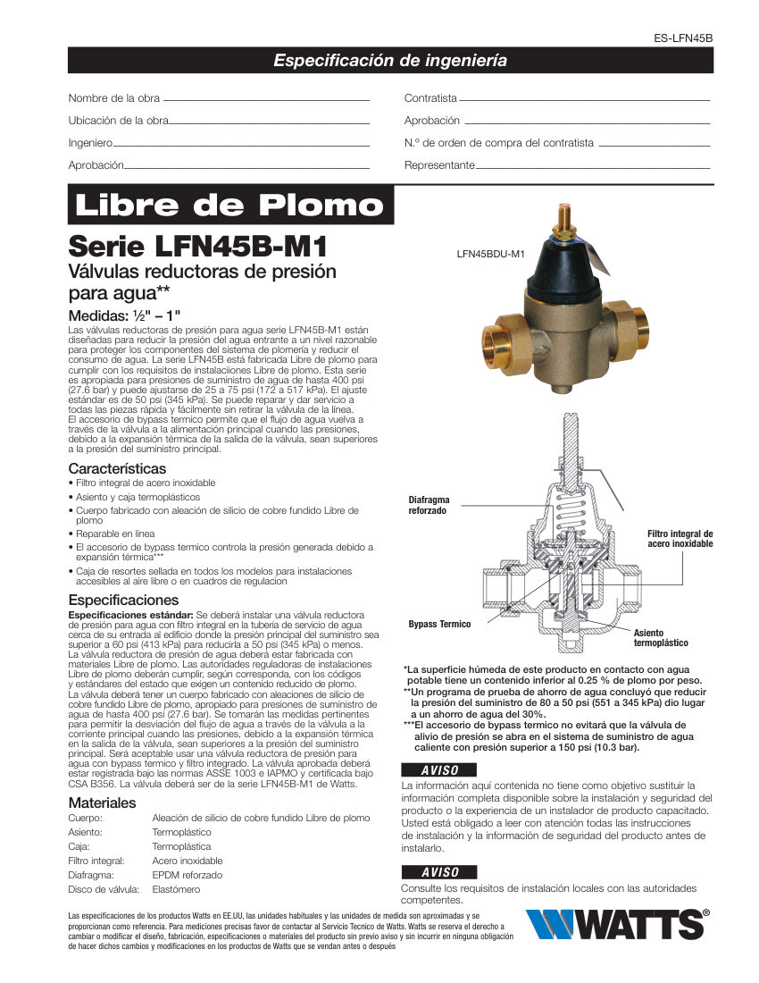 Watts LFN45B cut sheet — first page