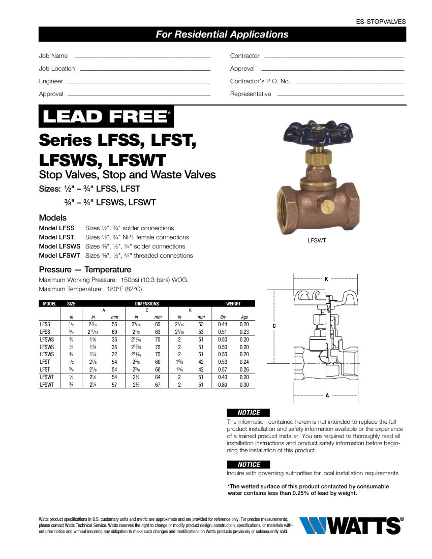 Watts LFSS 1/2 cut sheet — first page