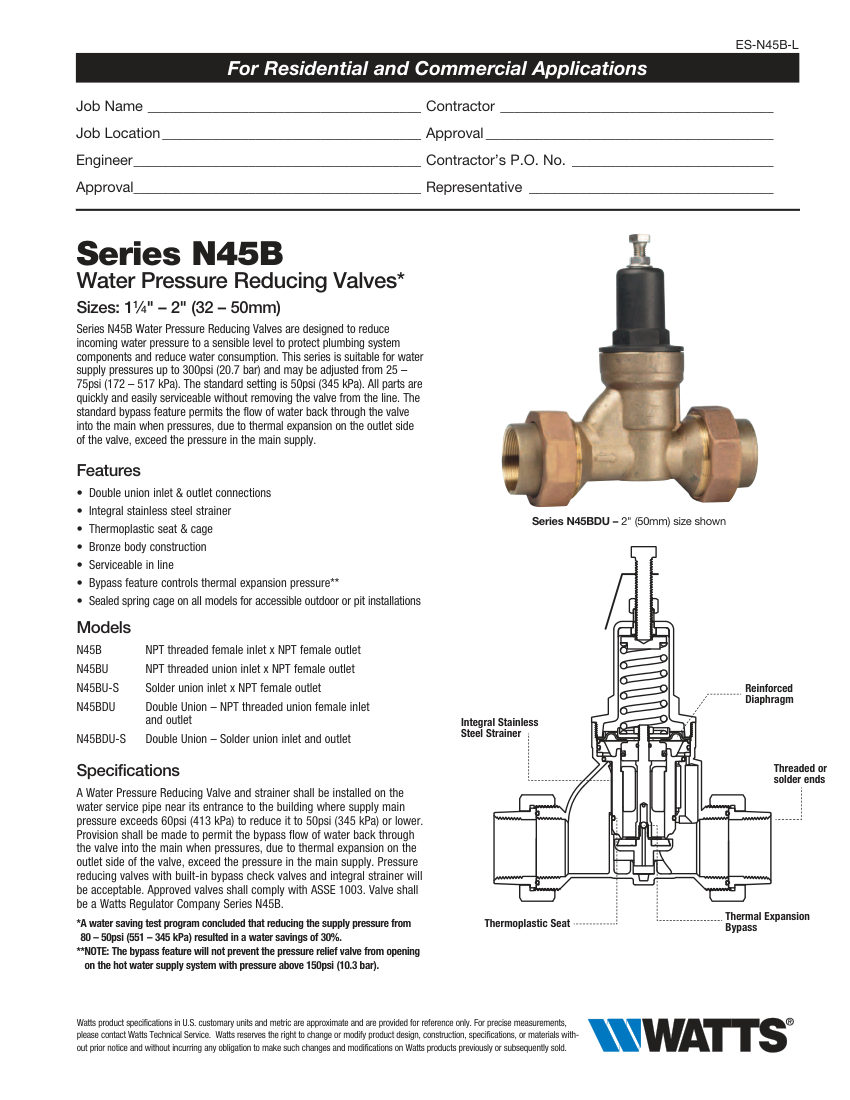 Watts N45BDU-2 cut sheet — first page