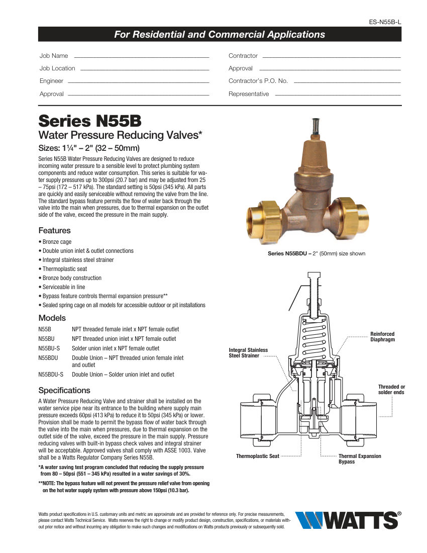 Watts N55 cut sheet — first page