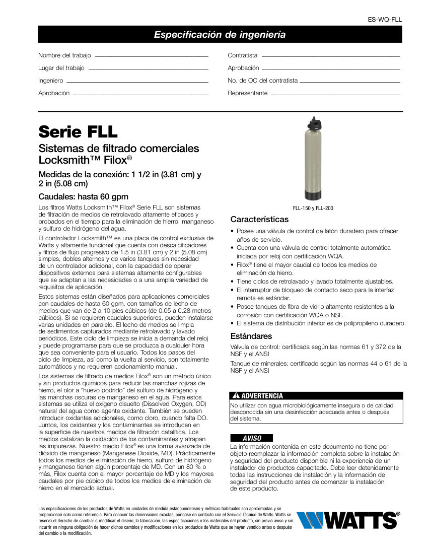Watts NF12FL150 cut sheet — first page