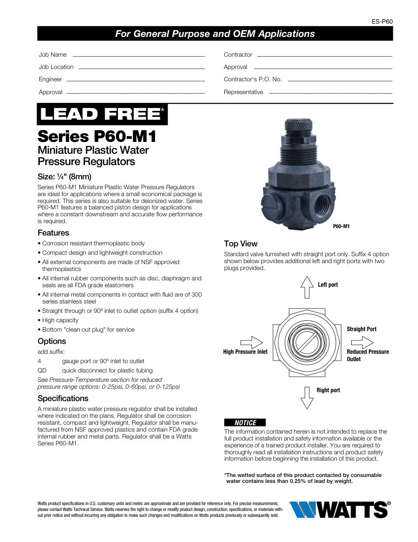 Watts P60-M1 cut sheet — first page