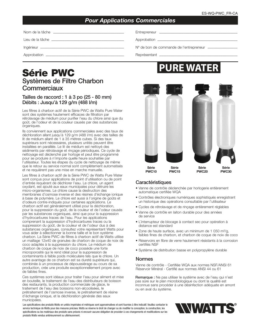 Watts PWC10111A10 cut sheet — first page