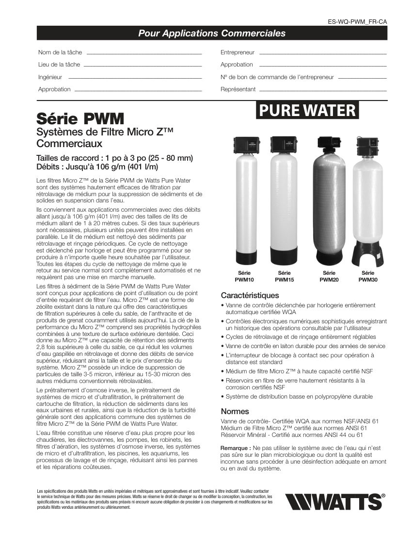 Watts PWM10111A10 cut sheet — first page
