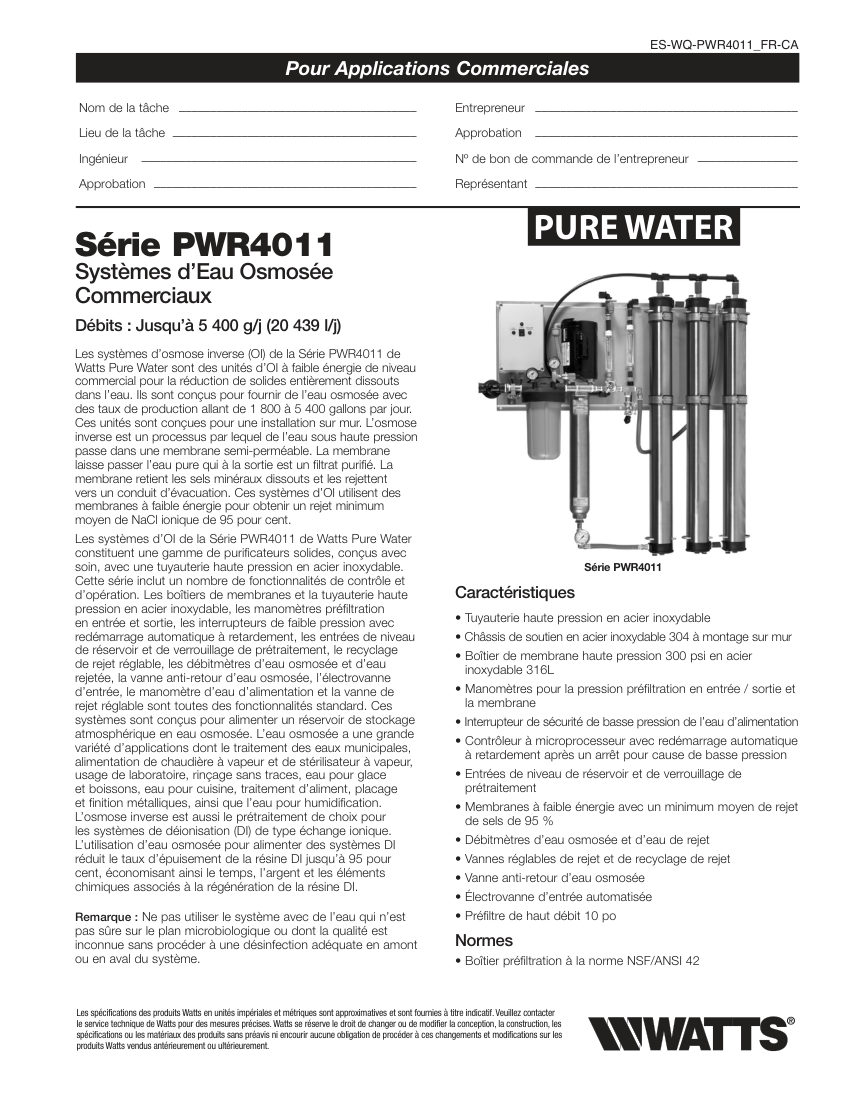 Watts PWR4011 cut sheet — first page