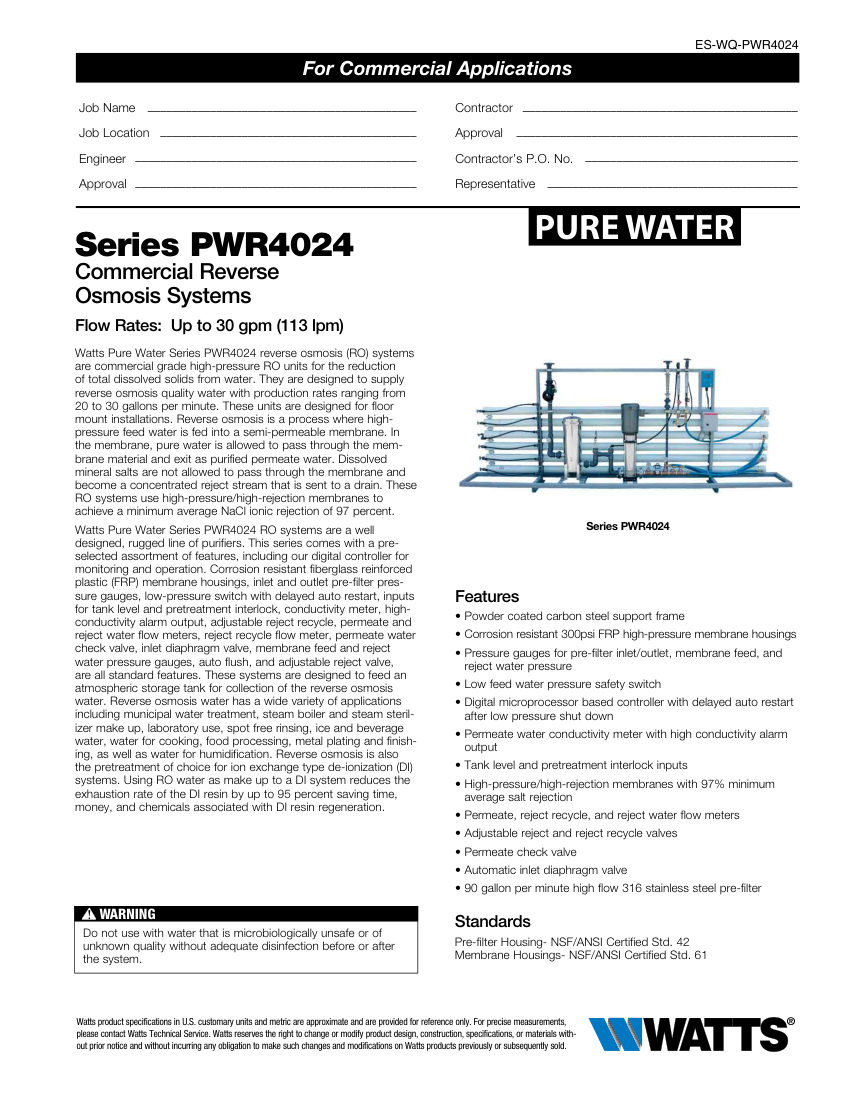 Watts PWR4024 cut sheet — first page