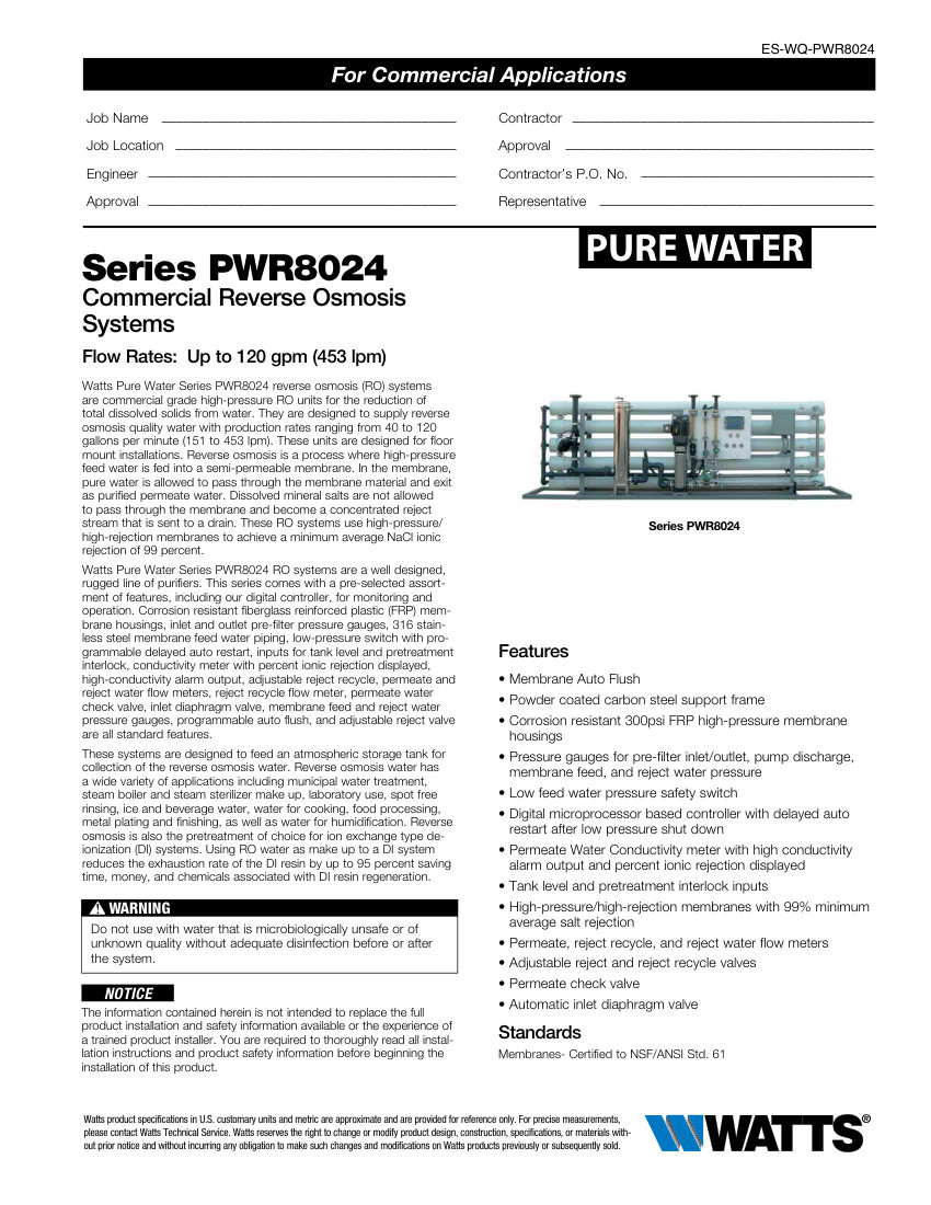 Watts PWR8024 cut sheet — first page
