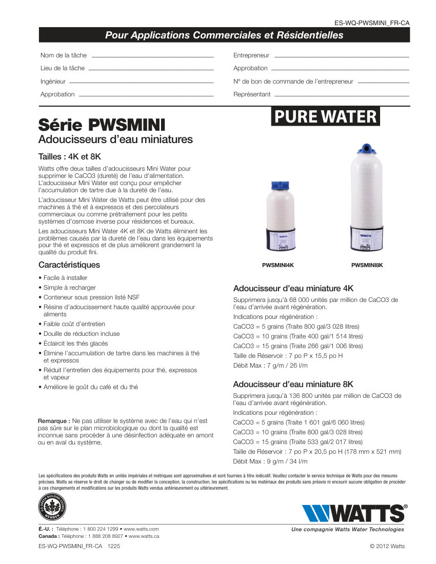Watts PWSMINI4K cut sheet — first page