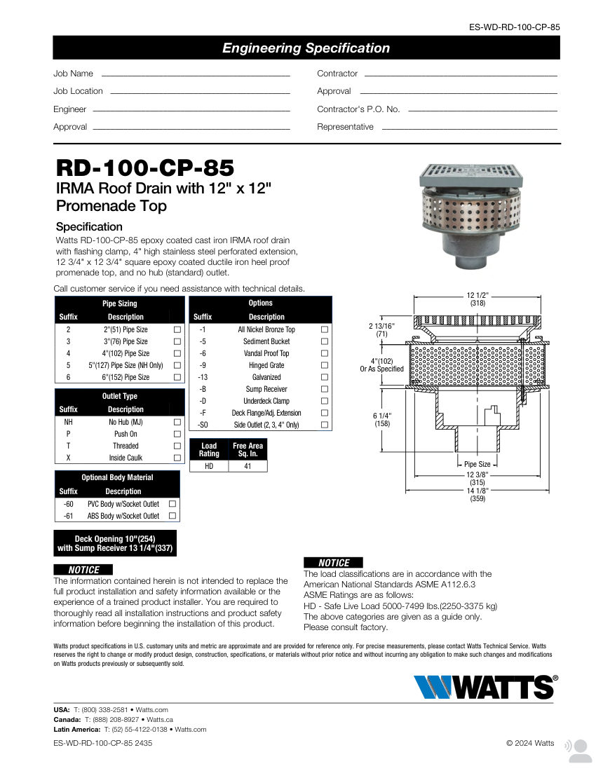 Watts RD-100-CP-85 cut sheet — first page