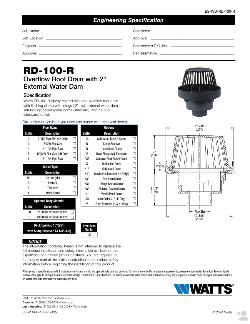 Watts RD-100-R cut sheet — first page