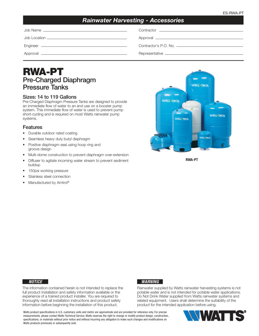 Watts RW-PT-14 cut sheet — first page
