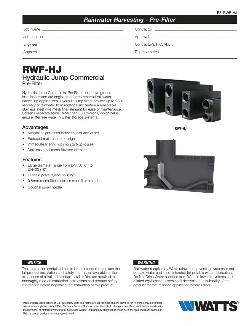 Watts RWF-HJ200 cut sheet — first page