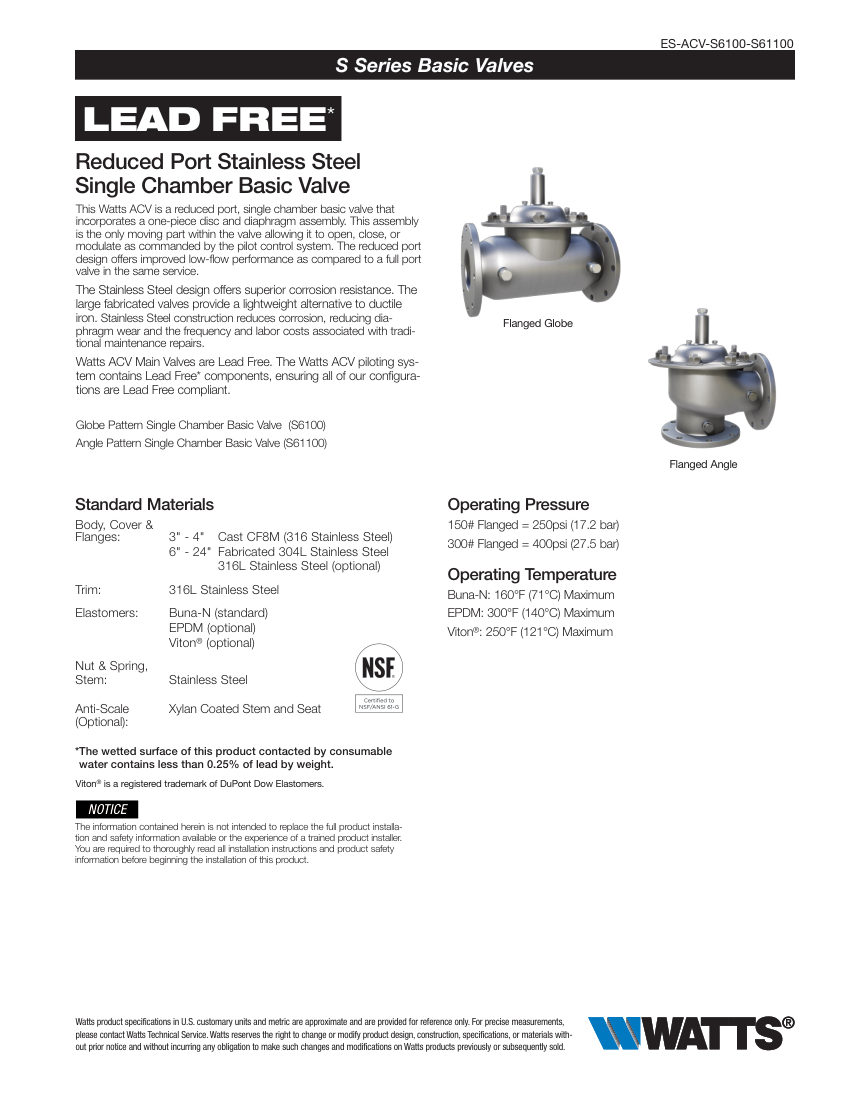 Watts S6100 cut sheet — first page