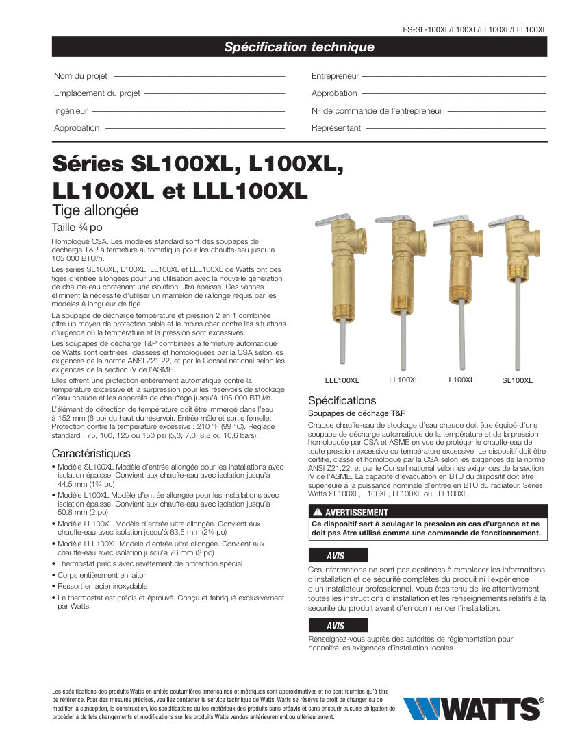 Watts SL100XL cut sheet — first page